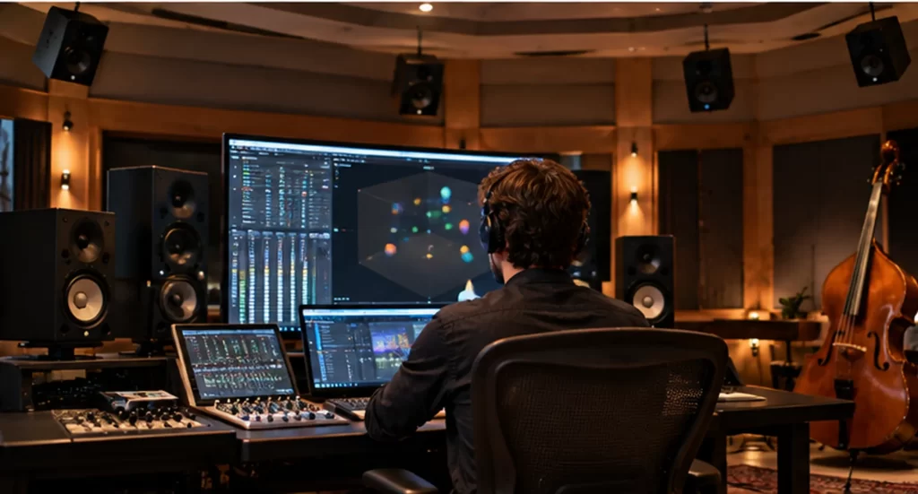 Productor musical mezclando contrabajo con herramientas de audio espacial en estudio profesional