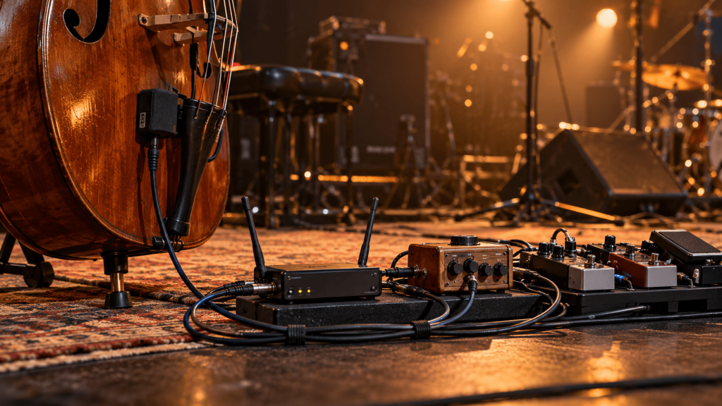 Receptor inalámbrico para contrabajo conectado a pedalboard y preamplificador